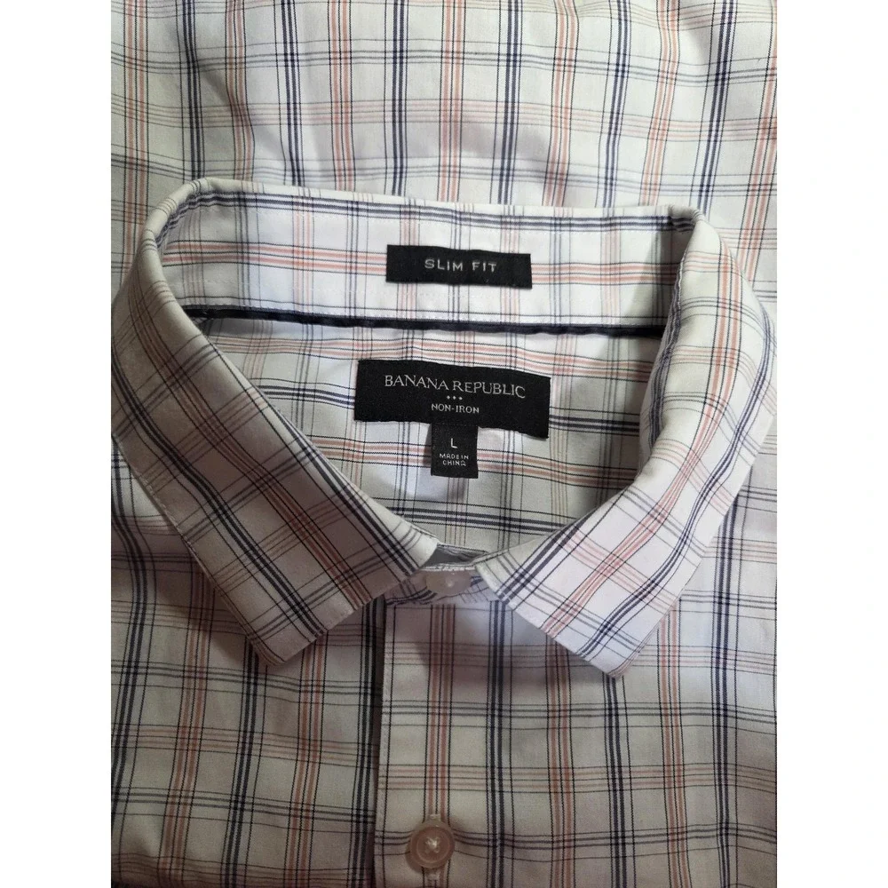 Banana Republic Shirt Mens Large White Blue Plaid Non-Iron Slim Fit Button Dress